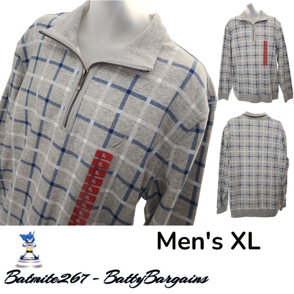 NWT Nautica Sweatshirt Men's XL Shirt 1/4 Zip Blue Gray Check Fleece Lined NEW
